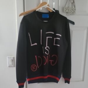 Life Is Gucci Black Crewneck Sweater with Red and Blue Accents